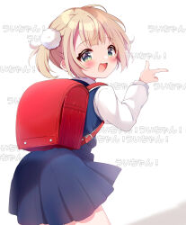 Rule 34 | 1girl, absurdres, ass, backpack, bag, blonde hair, blue dress, blush, commentary, cowboy shot, dancing, dress, green eyes, hair ornament, hand up, highres, index finger raised, indie virtual youtuber, kiyo (yamazoe1122), looking at viewer, medium hair, open mouth, pinafore dress, pleated dress, pom pom (clothes), pom pom hair ornament, randoseru, red bag, revision, shigure ui (vtuber), shigure ui (vtuber) (young), shirt, shukusei!! loli-gami requiem, sidelocks, sleeveless, sleeveless dress, smile, solo, text background, translated, twintails, virtual youtuber, white background, white shirt