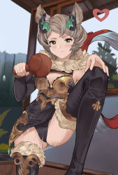 Rule 34 | 1girl, animal ears, armor, armored dress, armpits, black footwear, black panties, black sleeves, boots, breasts, brown eyes, brown hair, cameltoe, cleavage, commentary, detached sleeves, english commentary, erune, fur-trimmed boots, fur collar, fur trim, gluteal fold, granblue fantasy, hair ornament, highres, iiros, ladle, leg lift, leg up, looking at viewer, medium breasts, mole, mole under mouth, panties, pantyshot, sexually suggestive, short hair, sitting, solo, spilling, suggestive fluid, sutera (granblue fantasy), temizu, temizuya, thigh boots, thighhighs, underwear, wet, wet clothes