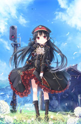 Rule 34 | 1girl, aircraft, airplane, arm behind head, arm up, black hair, black hat, boots, clothes writing, contrail, cura, day, gloves, grass, hachiroku (maitetsu), hat, highres, locomotive, long hair, long sleeves, maitetsu, official art, outdoors, petals, petticoat, red eyes, skirt, smile, solo, standing, steam locomotive, suspender skirt, suspenders, tagme, white clover, white gloves, wind, wind lift