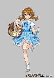 Rule 34 | 1girl, alternate costume, bow, braid, brown hair, clenched hand, copyright notice, dog, dress, full body, grey background, hand up, looking at viewer, official art, picnic basket, plaid, plaid dress, pota (bluegutty), puffy short sleeves, puffy sleeves, purple eyes, reki connect, short sleeves, short twintails, silver shoes, simple background, smile, solo, standing, standing on one leg, twin braids, twintails, watermark, white bow, white legwear