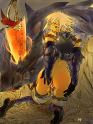 Rule 34 | 1girl, armor, ass, ass grab, blonde hair, blush, bottomless, corset, dated, defeat, dragon, earrings, from behind, gauntlets, greaves, green eyes, hand on ass, jewelry, kneeling, looking at viewer, looking back, monster, monster hunter (series), presenting, pussy, pussy juice, short hair, skindentation, smile, sword, thigh gap, thighhighs, thighs, warrior, weapon, white hair