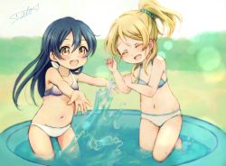 Rule 34 | 10s, 2girls, :d, ^ ^, ayase eli, bikini, blue hair, blush, brown eyes, child, clenched hands, closed eyes, lilylion26, long hair, love live!, love live! school idol project, midriff, multiple girls, navel, open hands, open mouth, ponytail, signature, smile, sonoda umi, splashing, swimsuit, wading, wading pool, aged down