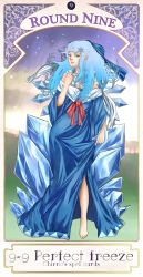 Rule 34 | 1girl, aged up, art nouveau, bare shoulders, barefoot, blue eyes, blue hair, bow, card, circled 9, cirno, dress, english text, gown, hair bow, hair ornament, highres, ice, ice wings, long hair, matching hair/eyes, shibe362, snowflakes, solo, touhou, wings