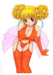 Rule 34 | 1girl, blonde hair, blue eyes, blush, breast hold, breasts, choker, cleavage, covered erect nipples, double bun, elbow gloves, garter belt, gloves, hair ribbon, large breasts, leaning forward, ribbon, see-through, short twintails, skirt, solo, tanaka yutaka, thighhighs, twintails