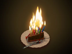 Rule 34 | birthday, brown background, cake, candle, chocolate, fire, food, food focus, fork, hakugin23, icing, no humans, plate, still life