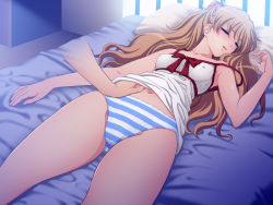 Rule 34 | 1girl, ass, bed, blush, breasts, brown hair, closed eyes, covered erect nipples, curvy, female focus, game cg, hair between eyes, hair spread out, long hair, lying, medium breasts, navel, neon genesis evangelion, on back, on bed, panties, parted lips, sleep molestation, sleeping, souryuu asuka langley, striped clothes, striped panties, tadano akira, twintails, underwear