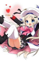 Rule 34 | 1girl, arms up, blonde hair, blue eyes, blush, boots, bow, cape, cross-laced footwear, fang, hair ornament, hat, kurot, lace-up boots, little busters!, long hair, looking at viewer, noumi kudryavka, panties, pantyshot, pink bow, plaid, plaid skirt, school uniform, silver hair, skirt, smile, solo, thighhighs, underwear, upskirt, white panties, white thighhighs