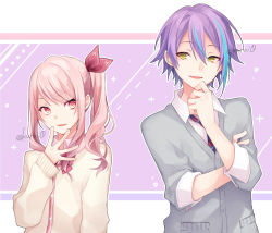 Rule 34 | 1boy, 1girl, akiyama mizuki, blue hair, bow, bowtie, brown cardigan, cardigan, collared shirt, commentary request, diagonal-striped clothes, diagonal-striped necktie, diagonal-striped neckwear, eye contact, grey cardigan, hair between eyes, hand up, kamishiro rui, kamiyama high school uniform (project sekai), kuroi (liar-player), long sleeves, looking at another, looking to the side, multicolored hair, necktie, parted lips, pink hair, project sekai, purple hair, red eyes, school uniform, shirt, side ponytail, sleeves past wrists, smile, streaked hair, striped bow, striped bowtie, striped clothes, striped neckwear, twitter username, upper body, white shirt, yellow eyes