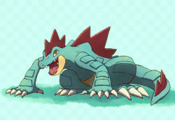 Rule 34 | all fours, blue background, checkered background, claws, creatures (company), feraligatr, full body, game freak, gen 2 pokemon, looking at viewer, nintendo, no humans, open mouth, pokemon, pokemon (creature), sharp teeth, shiwo (siwosi), simple background, teeth, yellow eyes
