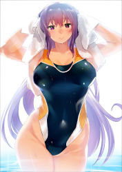Rule 34 | 1girl, arms up, black one-piece swimsuit, competition swimsuit, facing viewer, long hair, one-piece swimsuit, original, purple hair, red eyes, solo, swimsuit, takamura wamu, towel, towel on head, wet, wide hips