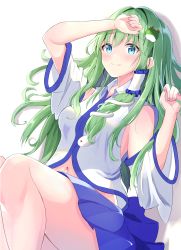 Rule 34 | 1girl, absurdres, arm up, bare shoulders, blue eyes, blue skirt, breasts, closed mouth, collar, detached sleeves, frog hair ornament, green hair, hair between eyes, hair ornament, hair tubes, hands up, highres, kochiya sanae, long hair, long sleeves, looking at viewer, medium breasts, shadow, shirt, simple background, sitting, skirt, smile, snake hair ornament, solo, touhou, vuiora, white background, white shirt, wide sleeves
