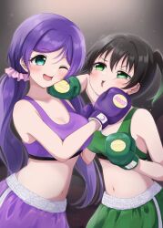 Rule 34 | 2girls, black hair, blush, boxing gloves, breasts, catfight, cleavage, commentary request, face punch, gradient hair, green eyes, green hair, green shorts, green sports bra, hair between eyes, highres, in-franchise crossover, in the face, large breasts, long hair, looking at another, love live!, love live! nijigasaki high school idol club, love live! school idol project, medium breasts, medium hair, midriff, multicolored hair, multiple girls, navel, one eye closed, open mouth, punching, purple shorts, purple sports bra, ritaso, shorts, sidelocks, sports bra, standing, takasaki yu, tojo nozomi, twintails, upper body, v-shaped eyebrows