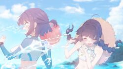 Rule 34 | 2girls, bikini, black hair, blue archive, blue sky, blurry, blurry background, blush, braid, breasts, closed eyes, cloud, cropped jacket, day, flat chest, hair ribbon, hat, hat on back, jacket, large breasts, leaf print, long hair, long sleeves, miyu (blue archive), miyu (swimsuit) (blue archive), multiple girls, ocean, open mouth, outdoors, purple hair, ribbon, saki (blue archive), saki (swimsuit) (blue archive), seikimatsu rori, short hair, short ponytail, sky, straw hat, swimsuit, twin braids, water, wet