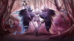 Rule 34 | 1girl, animated, animated gif, bare tree, black wings, eve (eversoul), eversoul, feathers, floating hair, forest, game cg, grey eyes, hair ornament, horns, long hair, nature, non-web source, official art, tree, white hair, wings