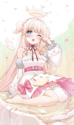 Rule 34 | 1girl, ;o, amamori naco, asymmetrical legwear, bare shoulders, barefoot, belt, belt buckle, blanche fleur, blue eyes, blush, breasts, brown thighhighs, buckle, commentary request, detached sleeves, detached wings, dress, frilled thighhighs, frills, fukuro daizi, garter straps, heart, highres, light brown hair, long hair, long sleeves, looking at viewer, medium breasts, mini wings, mismatched legwear, one eye closed, open mouth, petals, pink belt, puffy long sleeves, puffy sleeves, rubbing eyes, single thighhigh, sitting, sleepy, solo, thighhighs, two side up, very long hair, virtual youtuber, wariza, white dress, white sleeves, white thighhighs, white wings, wings