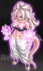 Rule 34 | 1girl, abs, absurdres, android 21, baggy pants, bandeau, black sclera, bosstseng, breasts, cleavage, collarbone, colored sclera, detached sleeves, dragon ball, dragon ball fighterz, ear piercing, earrings, energy ball, full body, groin, highres, jewelry, large breasts, majin android 21, neck ring, pants, piercing, pointy ears, red eyes, signature, smile, solo, tail, tongue, tongue out, watermark