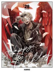 Rule 34 | 1boy, absurdres, blonde hair, boku no hero academia, bomber jacket, casual, chain, chain necklace, collared shirt, earrings, eyewear on head, facial hair, facing viewer, feathered wings, feathers, hand on headwear, happy birthday, hawks (boku no hero academia), highres, jacket, jewelry, knee up, male focus, necklace, open mouth, red feathers, shirt, shoes, sitting, sneakers, solo, stud earrings, wings