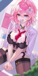 1girl absurdres black_bra black_garter_straps black_panties black_thighhighs blue_eyes blush bra breasts garter_straps highres honkai:_star_rail honkai_(series) huge_breasts indol march_7th_(honkai:_star_rail) medium_hair pacifier panties pink_eyes pink_hair shirt solo thighhighs two-tone_eyes underwear white_shirt