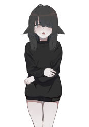Rule 34 | 1girl, black hair, brown eyes, hair over one eye, highres, long hair, looking at viewer, oissu tiwassu, open mouth, original, simple background, solo, sweater, white background