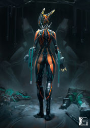 Rule 34 | 1girl, armor, arms at sides, ass, bodysuit, claws, corpse, from behind, full body, highres, indoors, kevin glint, looking down, solo, standing, valkyr (warframe), warframe, wrist cuffs
