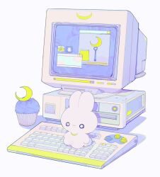 Rule 34 | computer, crescent, crt, cupcake, food, keyboard (computer), limited palette, monitor, no humans, object focus, original, pepparmint310, shadow, stuffed animal, stuffed rabbit, stuffed toy