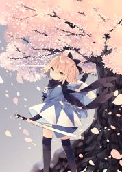 Rule 34 | 1girl, arm guards, black bow, black scarf, black thighhighs, blonde hair, bow, brown eyes, cherry blossoms, closed mouth, fate/grand order, fate (series), flower, hair between eyes, hair bow, highres, holding, holding sheath, holding sword, holding weapon, japanese clothes, katana, kimono, koha-ace, long sleeves, mimo lm, obi, okita souji (fate), okita souji (koha-ace), petals, pink flower, sash, scarf, sheath, solo, standing, sword, thighhighs, tree, unsheathed, weapon, white kimono, wide sleeves