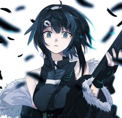 Rule 34 | 1girl, antenna hair, arknights, armpit crease, backlighting, bare shoulders, belt, belt buckle, black belt, black feathers, black gloves, black hair, black jacket, black shirt, blurry, blurry background, blurry foreground, breasts, buckle, chest belt, collared shirt, colored inner hair, commentary request, depth of field, falling feathers, feather hair, feathers, fingerless gloves, fingernails, fur-trimmed jacket, fur-trimmed sleeves, fur trim, gloves, grey eyes, grey hair, hair between eyes, hair intakes, hair ornament, hair ribbon, hairband, hairclip, hand up, high collar, highres, holding, holding weapon, itonatsu, jacket, la pluma (arknights), long sleeves, looking at viewer, medium breasts, medium hair, multicolored hair, off shoulder, open clothes, open jacket, pale skin, parted bangs, parted lips, ribbon, shadow, shirt, sidelocks, sleeveless, sleeveless shirt, solo, standing, straight-on, two-tone hair, upper body, utility belt, weapon, white background, white hairband, white ribbon, wide sleeves