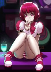 Rule 34 | 1girl, android, ass, dorothy haze, finalcake, highres, joints, looking at viewer, miniskirt, panties, pantyshot, red eyes, red hair, red skirt, robot joints, short hair, sitting, skirt, smile, solo, striped clothes, striped panties, underwear, va-11 hall-a