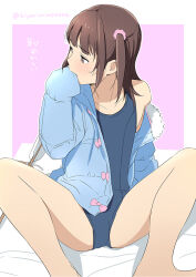Rule 34 | 1girl, arrow (projectile), blue one-piece swimsuit, blush, brown eyes, brown hair, commentary request, covering own mouth, embarrassed, hamaya, hiyori mizuki, jacket, looking to the side, new year, one-piece swimsuit, open clothes, open jacket, original, school swimsuit, sitting, solo, spread legs, swimsuit, two side up
