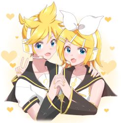 Rule 34 | 1boy, 1girl, bare shoulders, bass clef, black collar, black sleeves, blonde hair, blue eyes, bow, brother and sister, collar, commentary, crop top, detached sleeves, fang, hair bow, hair ornament, hairclip, hand on another&#039;s shoulder, headphones, headset, heart, heart background, highres, holding hands, kagamine len, kagamine rin, looking at viewer, nail polish, open mouth, sailor collar, school uniform, shirt, short hair, short ponytail, short sleeves, siblings, sleeveless, sleeveless shirt, smile, spiked hair, supo01, swept bangs, treble clef, twins, upper body, v, vocaloid, white bow, white shirt, yellow nails