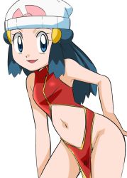 Rule 34 | 10s, 1girl, blue eyes, blue hair, breasts, chinese clothes, creatures (company), curvy, dawn (pokemon), dress, female focus, game freak, hainchu, happy, hat, looking at viewer, matching hair/eyes, midriff, navel, nintendo, pokemon, pokemon (anime), smile, standing, stomach, thighs