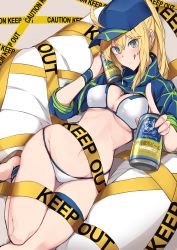 Rule 34 | 1girl, absurdres, ahoge, artoria pendragon (fate), baseball cap, bikini, blonde hair, blue eyes, blue hat, blush, breasts, can, caution tape, cleavage, commentary request, fate/grand order, fate (series), hair between eyes, hair through headwear, hat, highres, holding, holding can, keep out, large breasts, long finger, long hair, looking at viewer, lying, mysterious heroine x (fate), mysterious heroine xx (fate), nanakaku, navel, ponytail, shrug (clothing), side-tie bikini bottom, smile, solo, swimsuit, thigh strap, tongue, tongue out, translation request, white bikini