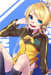 Rule 34 | 1girl, arm support, bandaid, bandaid on face, bandaid on nose, bike shorts, black jacket, black socks, blonde hair, blue background, blue eyes, bow, bowtie, cable, fangs, finger to mouth, hair ornament, hairclip, headphones, highres, jacket, kagamine rin, kneehighs, looking at viewer, multicolored clothes, multicolored jacket, open mouth, pinky out, project diva (series), short hair, sitting, socks, solo, soramame pikuto, stylish energy (module), swept bangs, track jacket, two-tone jacket, vocaloid, yellow bow, yellow jacket