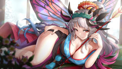 Rule 34 | 1girl, arrow (projectile), bad id, bad twitter id, between breasts, breasts, cleavage, collarbone, facial mark, fairy wings, fire emblem, fire emblem heroes, flower, forehead mark, gonzarez, highres, japanese clothes, kimono, large breasts, light rays, nintendo, plumeria (fire emblem), ponytail, red eyes, side slit, silver hair, smile, solo, thorns, window, wings