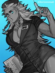 Rule 34 | 1girl, aqua theme, artist request, breasts, cleavage, clipboard, dorohedoro, dress, earrings, hat, jewelry, large breasts, long hair, looking at viewer, muscular, muscular female, noi (dorohedoro), nurse, nurse cap, short sleeves, simple background, solo, syringe, thighhighs, white hair