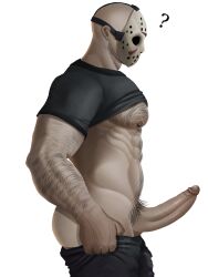 Rule 34 | 1boy, ?, abs, arm hair, ass, bald, bara, black shirt, body hair, bulge lift, chest hair, clothes lift, dressing, erection, feet out of frame, friday the 13th, from side, hairy, highres, hockey mask, i&#039;ve never seen a guy recreate this successfully tbh (meme), jason voorhees, large pectorals, male focus, male pubic hair, mask, mature male, meme, muscular, muscular male, navel hair, nipples, no male underwear, open pants, pants, pants lift, pectorals, penis, poy (artpoyy), pubic hair, shirt, shirt lift, short hair, solo, stomach, uncensored, underpec, undersized clothes, veins, veiny arms
