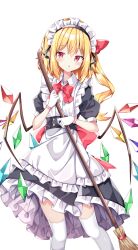 Rule 34 | 1girl, :o, alternate costume, apron, bat wings, black dress, black ribbon, blonde hair, blush, bob cut, bow, broom, buttons, collared shirt, crystal, dot nose, dress, enmaided, feet out of frame, flandre scarlet, frilled shirt, frills, gloves, hair between eyes, hair bow, hair ribbon, head tilt, highres, holding, holding broom, long bangs, long hair, looking at viewer, maid, maid headdress, open mouth, petticoat, puffy short sleeves, puffy sleeves, raised eyebrows, red bow, red eyes, ribbon, sabana, shirt, short sleeves, side ponytail, sidelocks, simple background, solo, thighhighs, touhou, waist apron, white apron, white background, white gloves, white shirt, white thighhighs, wings, zettai ryouiki