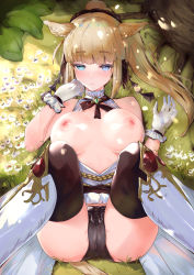 Rule 34 | 1girl, animal ears, warrior of light (ff14), bare shoulders, black neckwear, black panties, black ribbon, blue eyes, blunt bangs, blush, boots, breasts, breasts apart, breasts out, brown hair, brown thighhighs, cameltoe, cleft of venus, closed mouth, collarbone, commentary request, commission, day, final fantasy, final fantasy xiv, flower, gloves, grass, hand to own mouth, highres, knee boots, knees up, large breasts, long hair, looking at viewer, lying, mathiamo13, medium breasts, miqo&#039;te, nipples, on back, outdoors, panties, pixiv commission, ponytail, ribbon, sidelocks, slit pupils, solo, tail, thighhighs, underwear, white flower, white footwear, white gloves