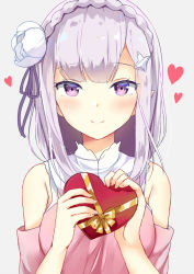 Rule 34 | 10s, 1girl, blush, box, braid, breasts, closed mouth, colored eyelashes, crown braid, detached sleeves, dress, emilia (re:zero), flower, gift, grey background, hair flower, hair ornament, hair ribbon, hands up, heart, heart-shaped box, holding, holding gift, kaetzchen, light purple hair, long hair, looking at viewer, medium breasts, nightgown, pink dress, pointy ears, purple eyes, purple ribbon, re:zero kara hajimeru isekai seikatsu, ribbon, simple background, smile, solo, upper body, valentine, white flower, white hair