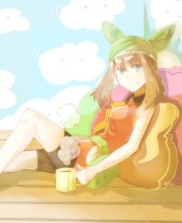 Rule 34 | &gt;:), 00s, 1girl, bad id, bad pixiv id, bandana, bare arms, bare legs, bare shoulders, bike shorts, blue eyes, blush, breasts, brown hair, closed mouth, cloud print, cocoa, collared dress, creatures (company), cup, dress, eyes visible through hair, fanny pack, from side, game freak, green bandanna, hot chocolate, indoors, knee up, legs, looking at viewer, may (pokemon), may (pokemon emerald), medium breasts, mug, naughty face, neck, nintendo, no gloves, on floor, orange dress, pillow, pokemon, pokemon emerald, pokemon rse, reclining, short hair, sitting, sleeveless, sleeveless dress, smile, solo, tthal, wooden floor
