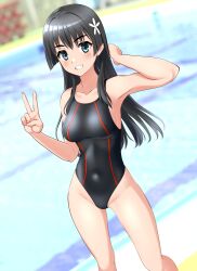 Rule 34 | 1girl, absurdres, black hair, black one-piece swimsuit, commentary request, competition swimsuit, covered navel, feet out of frame, flower, green eyes, grin, groin, hair flower, hair ornament, highleg, highleg swimsuit, highres, long hair, one-piece swimsuit, partial commentary, pool, saten ruiko, smile, solo, standing, swimsuit, takafumi, toaru kagaku no railgun, toaru majutsu no index, v, variant set