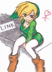 Rule 34 | 1girl, :3, artist request, blonde hair, boots, breasts, brown hair, cleavage, gender request, genderswap, link, nintendo, pantyhose, small breasts, solo, the legend of zelda, traditional media