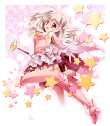 Rule 34 | 1girl, boots, checkered background, fate/kaleid liner prisma illya, fate (series), feathers, gloves, illyasviel von einzbern, kaleidostick, kamiya tomoe, long hair, magical girl, magical ruby, open mouth, panties, pink footwear, pink thighhighs, polka dot, polka dot panties, prisma illya, red eyes, silver hair, solo, star (symbol), thigh boots, thighhighs, underwear, wand
