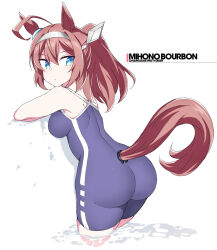 Rule 34 | 1girl, ahoge, animal ears, ass, blue eyes, blue one-piece swimsuit, brown hair, character name, clothing cutout, competition school swimsuit, ear ornament, from behind, grey hairband, hairband, horse ears, horse tail, long hair, looking at viewer, mihono bourbon (umamusume), one-piece swimsuit, ponytail, school swimsuit, shigino sohuzi, simple background, solo, swimsuit, tail, tail through clothes, tracen swimsuit, umamusume, wading, white background