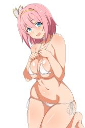 Rule 34 | 1girl, bikini, blue eyes, blush, breasts, breasts squeezed together, choker, hair ornament, hands over breasts, highres, large breasts, looking at viewer, micro bikini, navel, open mouth, pink hair, princess connect!, seihekiog, short hair, smile, solo, swimsuit, thighhighs, tiara, white bikini, yui (princess connect!)