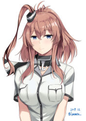 Rule 34 | 1girl, anchor, bad id, bad pixiv id, blue eyes, breast pocket, breasts, brown hair, dress, grey neckerchief, hair between eyes, hair ornament, highres, kantai collection, large breasts, long hair, looking at viewer, neckerchief, pocket, ponytail, saratoga (kancolle), side ponytail, sidelocks, simple background, smile, smokestack hair ornament, solo, upper body, white background, white dress, yamato (083)