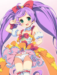 Rule 34 | 1girl, ahoge, arm garter, armband, armlet, blush, bow, bow panties, breasts, cowboy shot, dress, gradient background, green eyes, homing (areya), long hair, looking at viewer, manaka laala, open mouth, panties, pretty series, pripara, purple hair, solo, thighhighs, twintails, underwear, upskirt, v, white panties, white thighhighs