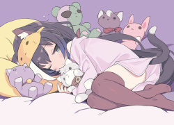 Rule 34 | 1girl, animal ear fluff, animal ears, black hair, blade (galaxist), brown thighhighs, cat ears, cat girl, cat tail, commentary request, hugging doll, fetal position, green eyes, karyl (princess connect!), long hair, long sleeves, lying, mask, mask on head, multicolored hair, hugging object, on side, one eye closed, pajamas, pillow, princess connect!, sleep mask, solo, streaked hair, stuffed animal, stuffed rabbit, stuffed cat, stuffed toy, tail, thighhighs, two-tone hair, very long hair, white hair