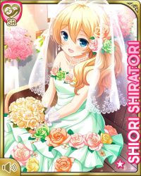 Rule 34 | 1girl, aqua eyes, blonde hair, blue eyes, blush, bouquet, card (medium), character name, day, dress, flower, girlfriend (kari), hair flower, hair ornament, hair ribbon, indoors, jewelry, necklace, official art, open mouth, qp:flapper, ribbon, rose, shiratori shiori, shoes, sitting, smile, solo, tagme, twintails, wavy hair, wedding dress, white dress