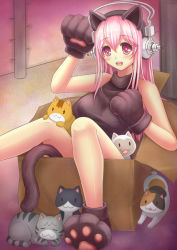 Rule 34 | 1girl, animal costume, animal ears, animal hands, blush, box, breasts, cardboard box, cat, cat costume, cat ears, cat paws, cat tail, headphones, in box, in container, large breasts, long hair, looking at viewer, mizuki (mizuki0929), nitroplus, open mouth, pink eyes, pink hair, smile, solo, super sonico, tail